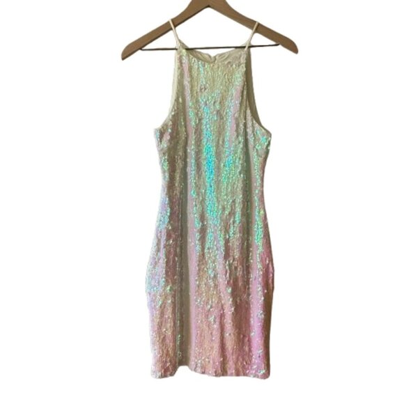 Dress the Population Dresses & Skirts - Women's M Dress the Population Iridescent White Sequin Halter Mini Dress